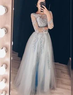 Women's Comfortable Apparel Graceful Movement Gray tulle lace long prom dress, long sleeve evening dress   cg6157