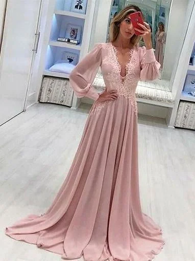 Women's Outerwear Attire Art Deco Geometric Pattern Look Long Sleeve Prom Dresses Deep V Neck A Line Pink Prom Dress Chiffon Long Evening Dress  cg1032