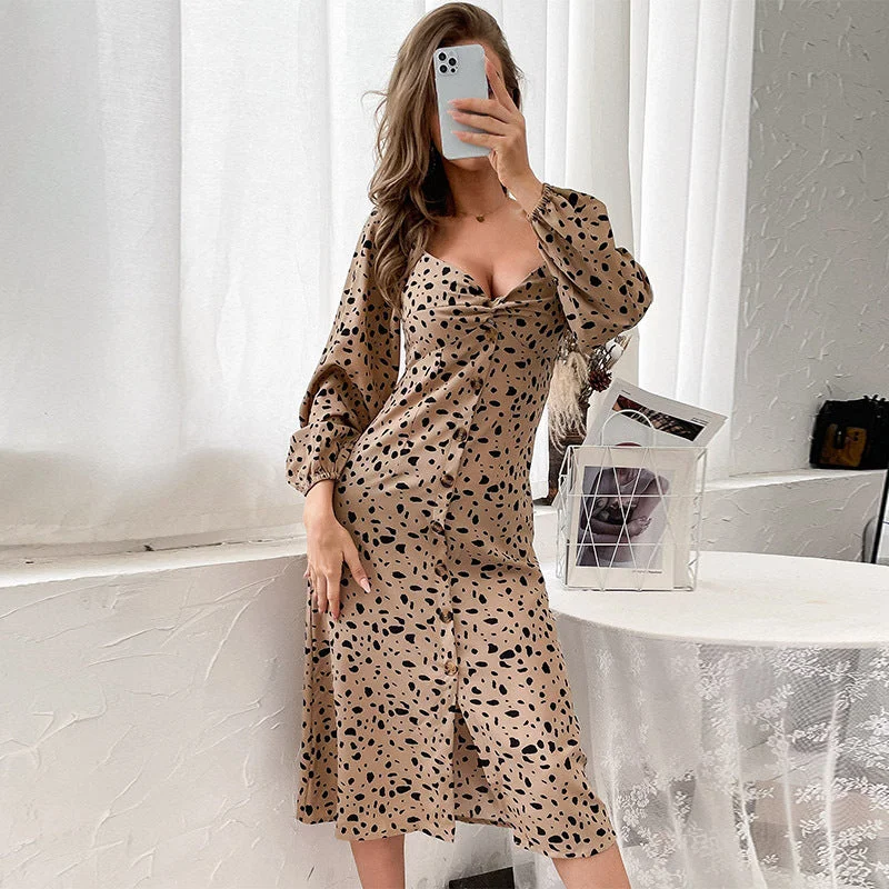 Women's Athletic Garments Luxury Comfort IKEARLAX 2023  Autumn  Women's Leopard Print V-Neck Split Long Sleeve Milking Dress