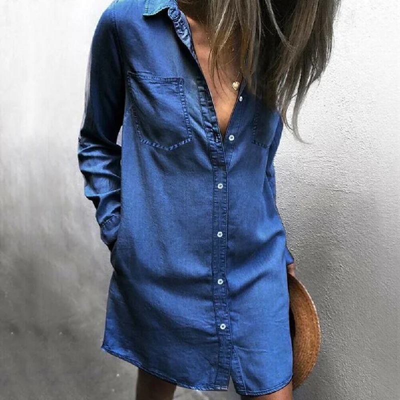 Women's Stylish Outdoor Outfit Flash Sale FashionSierra - Women Summer Mini Denim Jeans Dress 2019 New Fashion Ladies Casual Long Sleeve V Neck Loose Top Blouse Shirt Dress