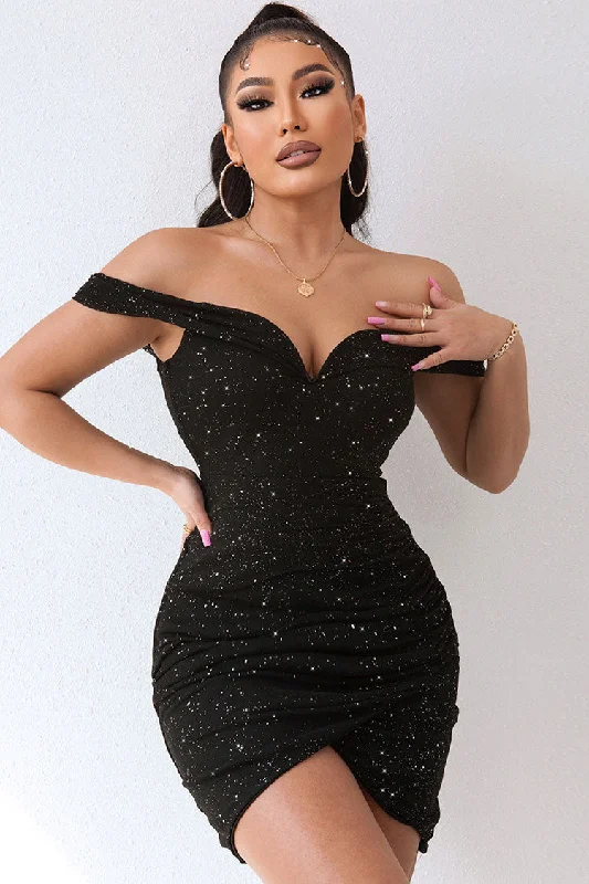 Women's Cozy Outfit For Lounging Effortless Style Sparkly Deep V Off The Shoulder Ruched Bodycon Party Mini Dress - Black