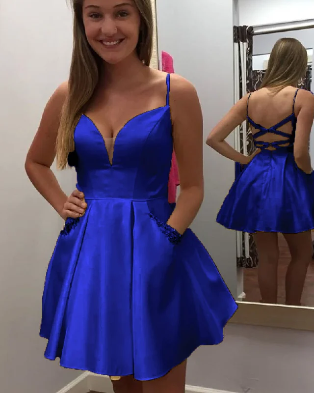 Timeless Women's Apparel Romantic Flair A Line Satin Royal Blue Homecoming Dress  Girls Junior Short Semi Formal Cocktail Gown SP10809