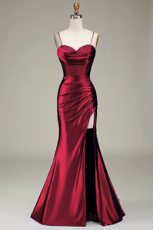 Women's Vacation Clothes Luxe Layering Dark Red Satin Prom Dress with Spaghetti Straps Mermaid Long Evening Party Gown PL12203