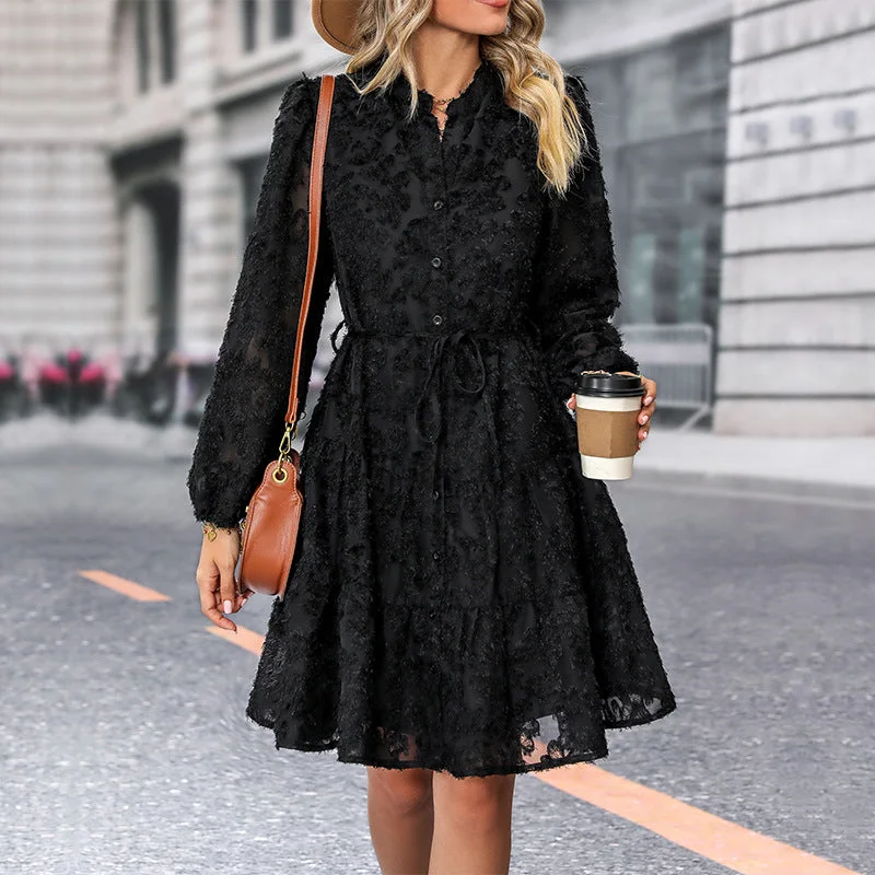 Women's Travel Attire Feminine Elegant IKEARLAX New Hot Trade Black Skirt New Autumn New 2025 Jacquard Long Sleeve Cross-border Dress