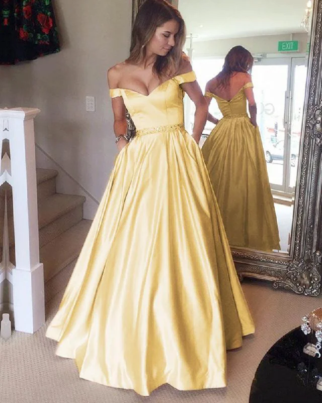 Women's Plus-Size Apparel Feminine Soft - Hued Styles New Yellow Prom Dresses Long 2019 A Line Satin Girls Senior Graduation Formal Party Gown with Beading Belt