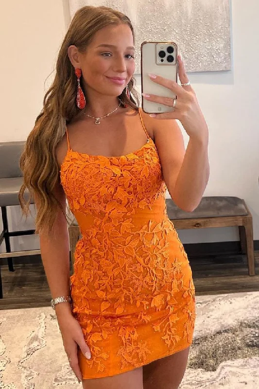 Stylish Women's Outfit Vibrant Prints Cute Bodycon Scoop Neck Orange Lace Homecoming Dresses Y2919