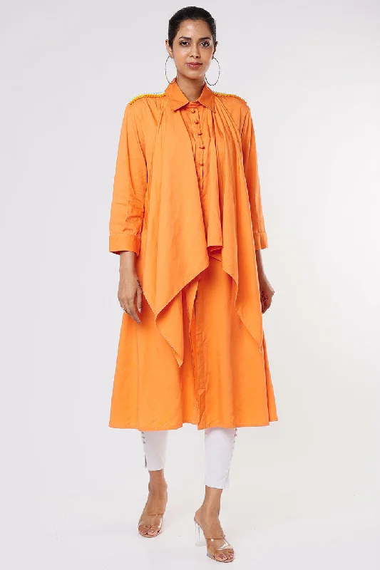 Timeless Women's Outfit Boho - Chic Festival - Ready Style Orange Drape Shirt Dress