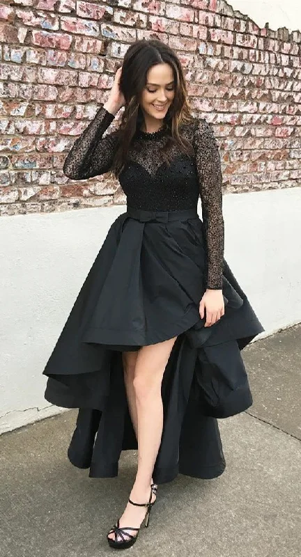 Women's Vacation Attire Rustic Countryside Charm Look Black Long Prom Dress, Long Sleeves Long Prom Dress, High Low Long Prom Dress    cg13480