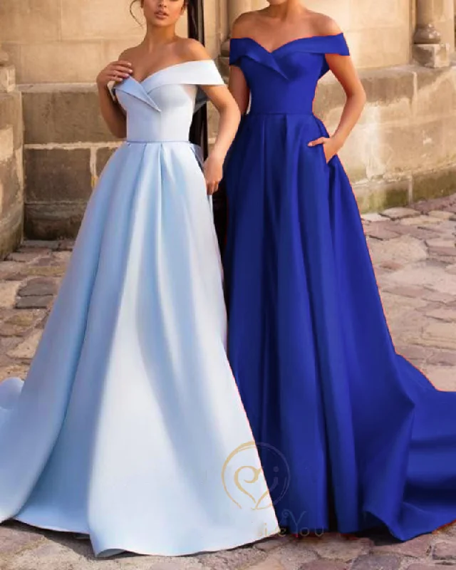 Affordable Luxury Women's Apparel Bohemian Vibe Gorgeous Off the Shoulder A Line Satin Bbay Blue Long Graduation Prom Dresses For Girls PL10220