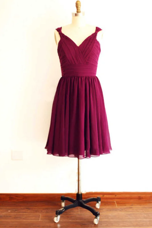 Stylish Women's Clothing Feminine Flow Magenta v-Neck Straps A-Line Short Bridesmaid Dress