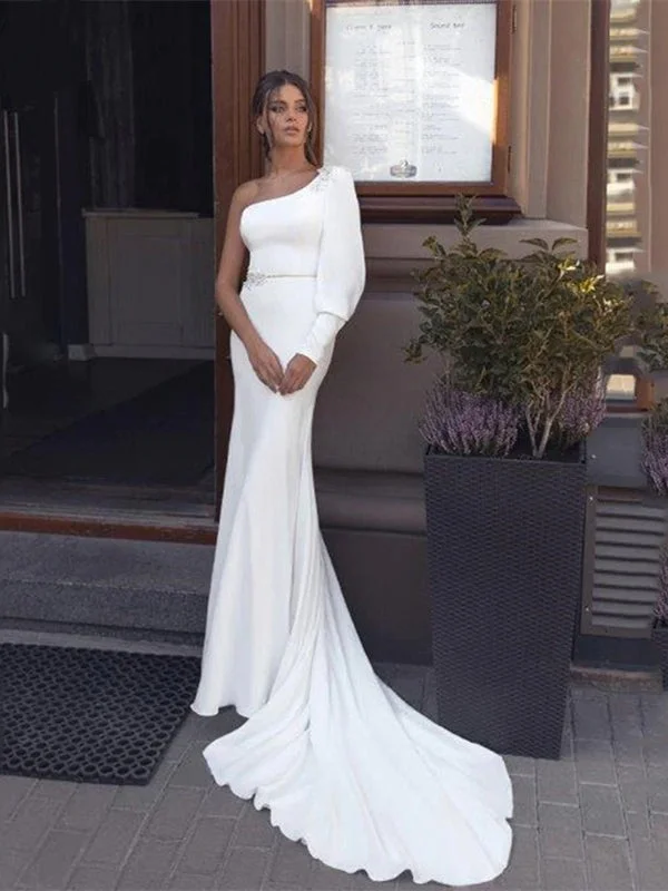 Women's Sports Apparel Weekend Special One Shoulder Ivory Jersey Wedding Dresses, Appliques Beaded Wedding Dresses, Mermaid Wedding Dresses, Bridal Gown