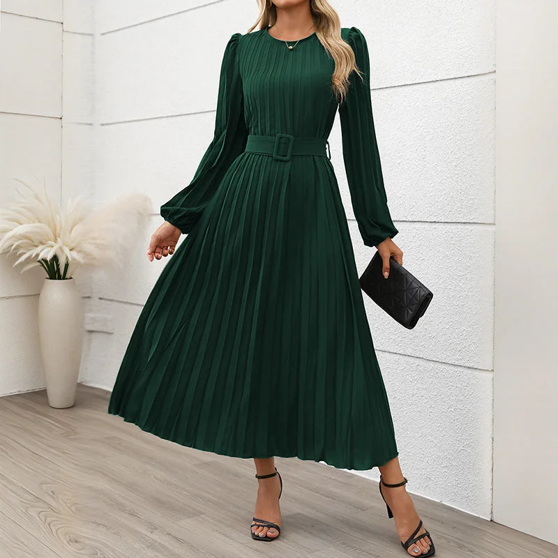 Women's Timeless Attire Classic Appeal IKEARLAX 2025 temperament women's new dress  foreign trade long sleeve pleated round neck high waist long dress women