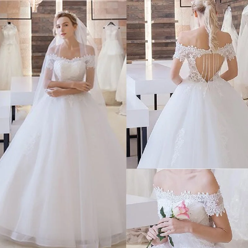 Women's Functional Outdoor Garments Chic Allure Vantage Off Shoulder Short Sleeve Lace Top Open Back Tulle Wedding Dresses, WD0197