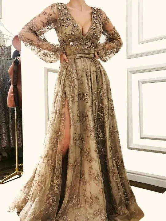 Elegant Clothing For Women Dreamy Draping Lace Long Sleeve V Neck Prom Dress Vintage Custom Evening Dress   cg21301