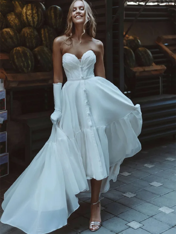 Women's Apparel And Garments Graceful Drape Sweetheeart Hi-low Chiffon Wedding Dresses With Golves, Chic Wedding Dresses, Long Wedding Dresses, Bridal Gown