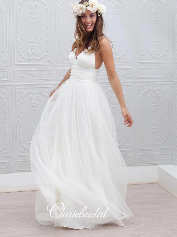 Classic Women's Apparel Casual Weekend Relaxed Style Simple Design Long Wedding Party Dresses, V-neck Tulle Wedding Dresses