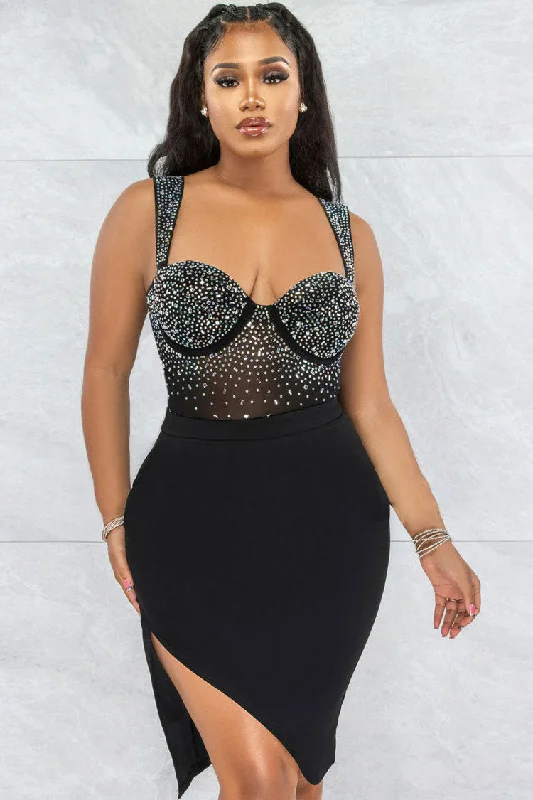 Fashion-Forward Women's Clothing Y2K Nostalgic Fashion Look Sparkly Rhinestone Mesh Sleeveless Ruched Bodycon Party Mini Dress - Black