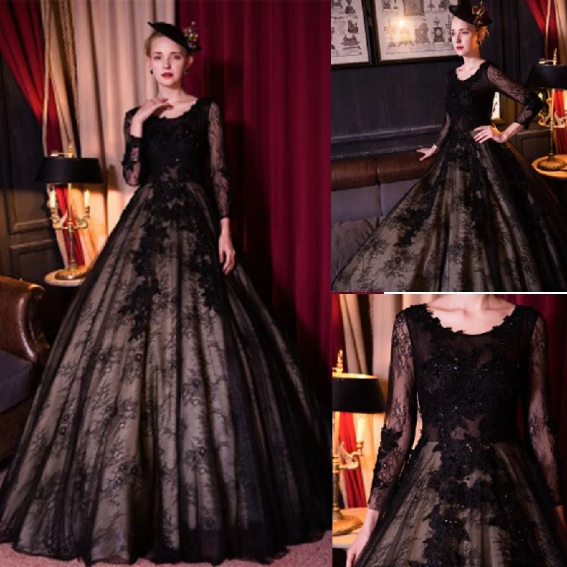 Women's Athletic Apparel Feminine Flow Special Black Tulle Lace Scoop Neck Long Sleeve A-line Wedding Dresses, WD166