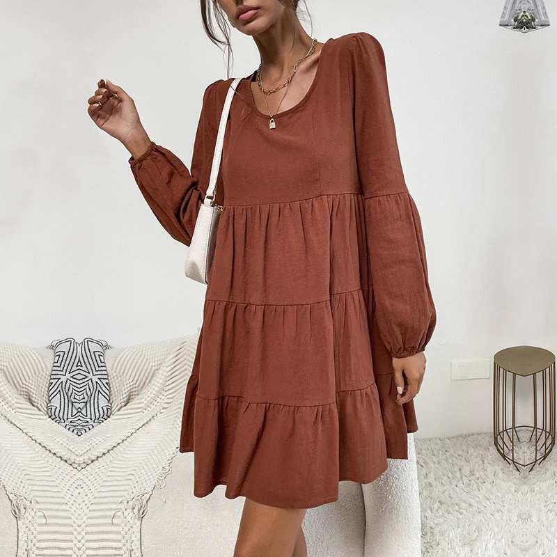 Women's Vintage Attire Vintage Charm IKEARLAX New Cross-border Women's Clothing New New 2025 Hot Trade Cake Folded Skirt Long Sleeve Loose Cotton and Linen Dress