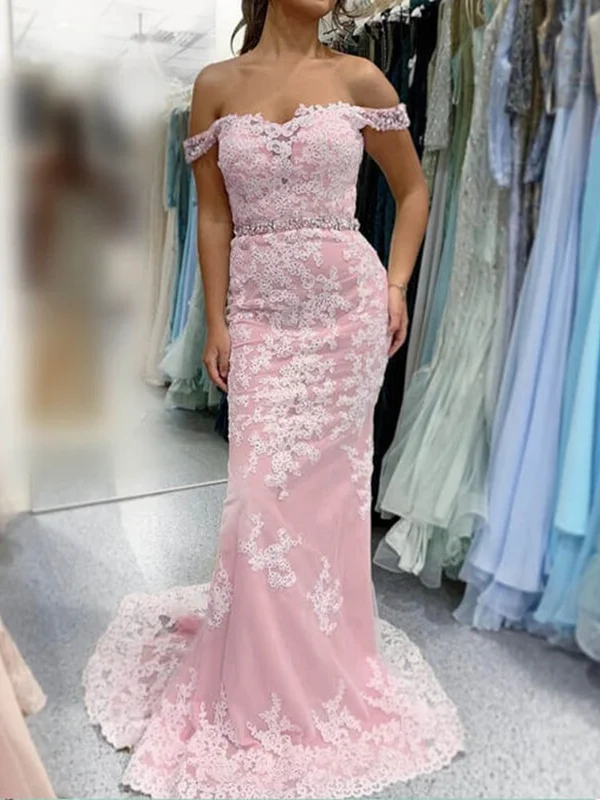 Women's Evening Wear Outfit Vintage Retro Party Wear Off Shoulder Mermaid Pink Lace Long Prom Dresses, Mermaid Pink Formal Evening Dresses, Pink Lace Bridesmaid Dresses SP2269