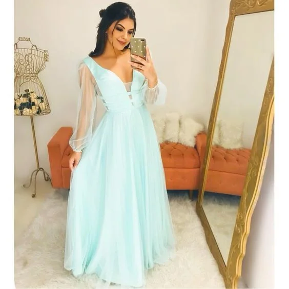 Women's Chic Outfit Polished Finish Elegant A-line Long Prom Dresses Mint Green Tulle Long Sleeves    cg15379