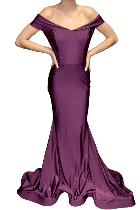 Affordable Women's Apparel Parisian Effortless Chic Style Off The Shoulder Evening Gown In Eggplant