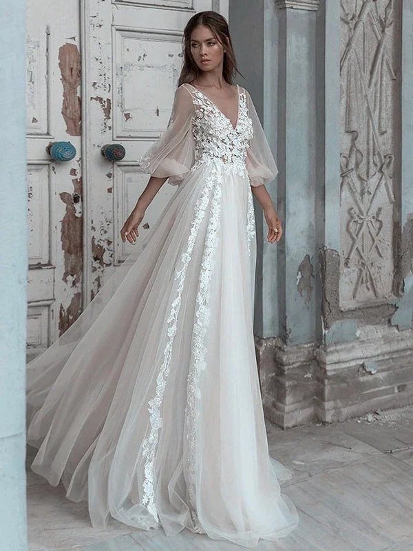 Women's Plus-Size Garments Minimalist Office - Ready Style V-neck Lace Tulle A-line Wedding Dresses, Country Wedding Dresses, 2021 Wedding Dresses