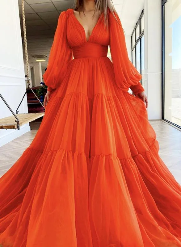 Women's Luxury Attire Parisian Effortless Chic Style Red v neck long prom dress long sleeve dress   cg13368