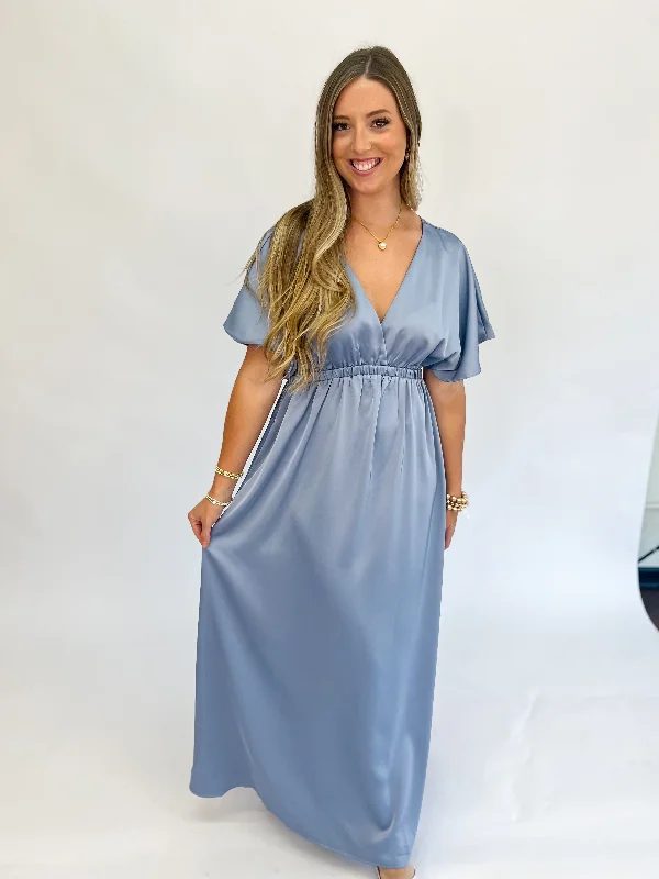 Women's Functional Outfit For Outdoor Activities Casual Elegance Sophisticated Satin Maxi Dress-Dove