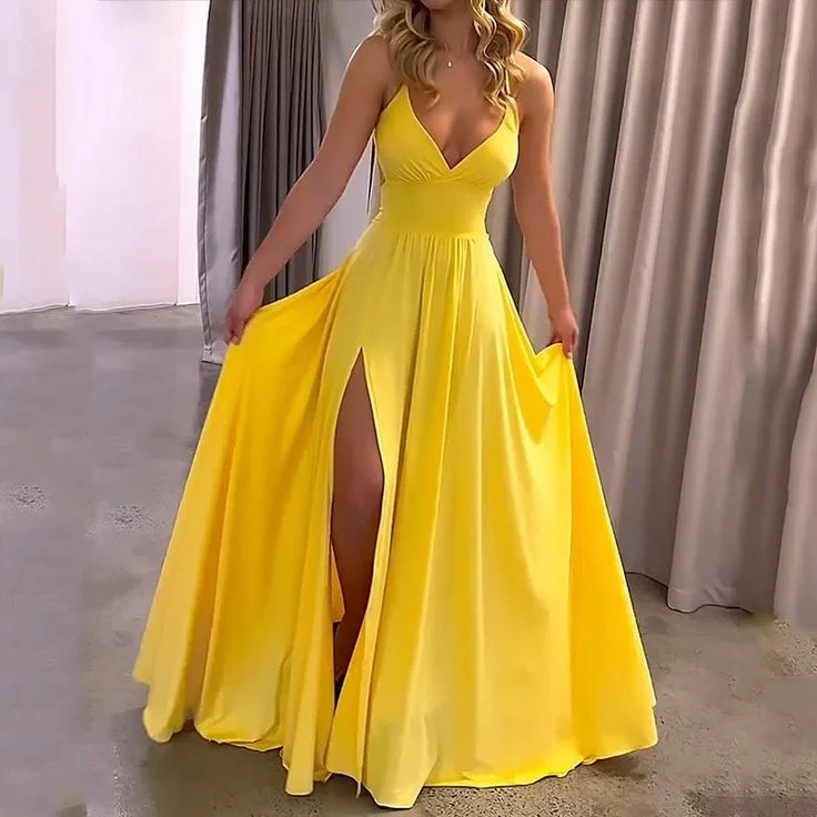 Women's Active Garments For Workouts Classic Appeal Yellow A-line V Neck Prom Dress,Yellow Bridesmaid Dress Y6074