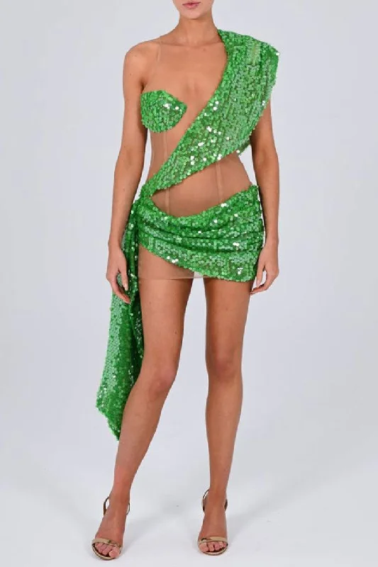 Women's Activewear Outfit Feminine Soft - Hued Styles Sparkly Sequin Panel Sheer Mesh Ruched Draped Bodycon Club Mini Dress - Green