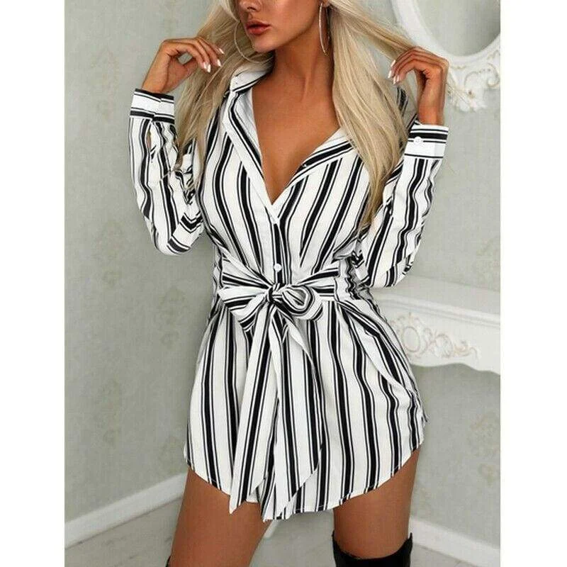 Charming Women's Outfit For Special Occasions Nordic Minimalist Home Look FashionSierra - Women Fashion Long Shirt Dress Ladies V-neck Striped Print Casual Summer Mini Dress Short Mini Dress