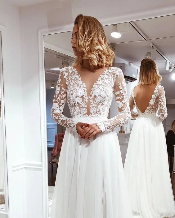 Women's Clothes For Work Early Access to Art Deco Styles Sale Simple A Line V Neck Open Back Ivory Lace Long Sleeves Prom Dresses   cg14037