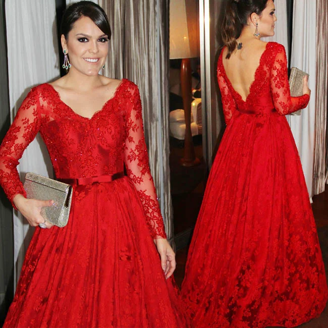 Timeless Women's Garments Minimalist Chic Red Long Sleeve Prom Dress, Handmade Prom Dress,Long Prom Dresses    cg9310