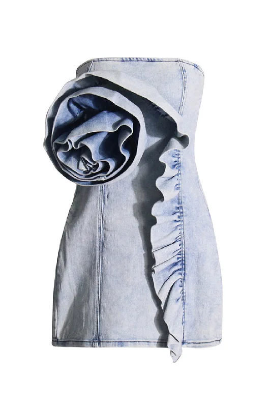 Women's Occasion Wear Apparel Minimalist Office - Ready Style Striking Big Rosette Ruffled Trim Strapless Bodycon Mini Denim Dress