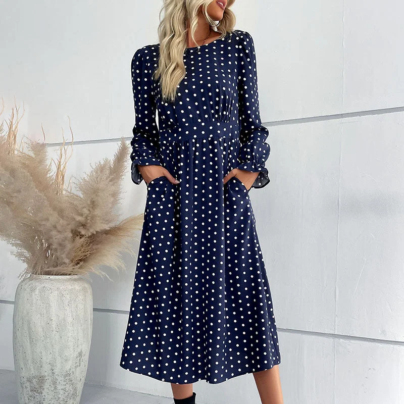 Women's Luxury Attire Modern Glamour IKEARLAX New Cross-border 2025 Women's Clothing New Autumn and Winter New Long Sleeve Blue Polka Dot Medium and Long Dress