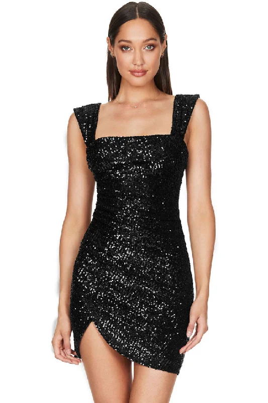 Women's Professional Outfit Early Access to Art Deco Styles Sale Sparkly Wrap Side Ruched Sleeveless Bodycon Sequin Mini Dress - Black