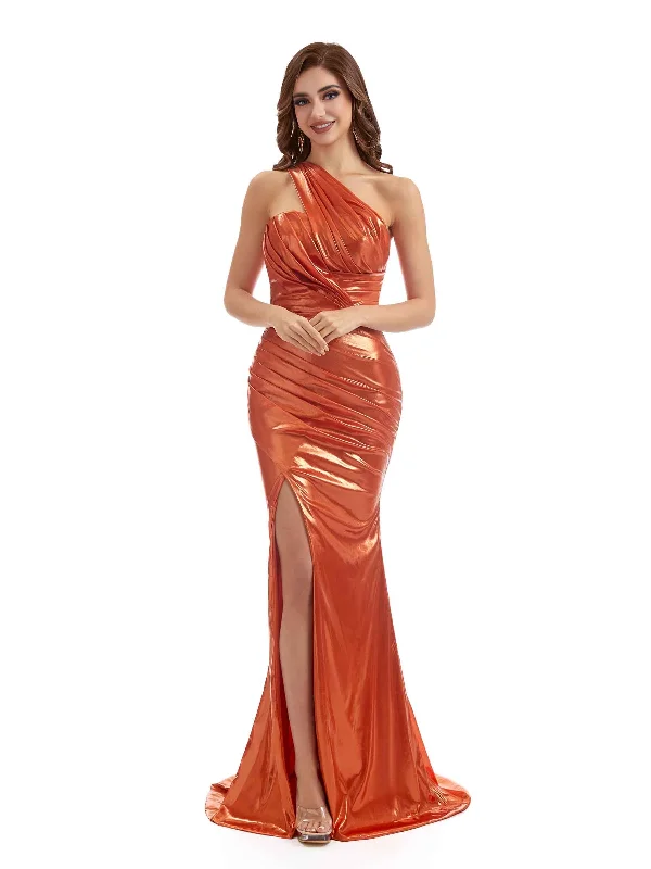 Women's Cozy Outfit For Lounging Urban Sophistication One Shoulder Mermaid Metallic Stretch Shiny Fabric Long Wedding Guest Dresses