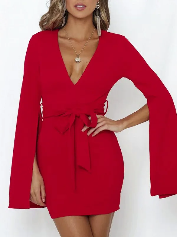 Formal Garments For Women Grab Romantic Date - Night Styles Now Bodycon Slit Sleeve Dresses - Red