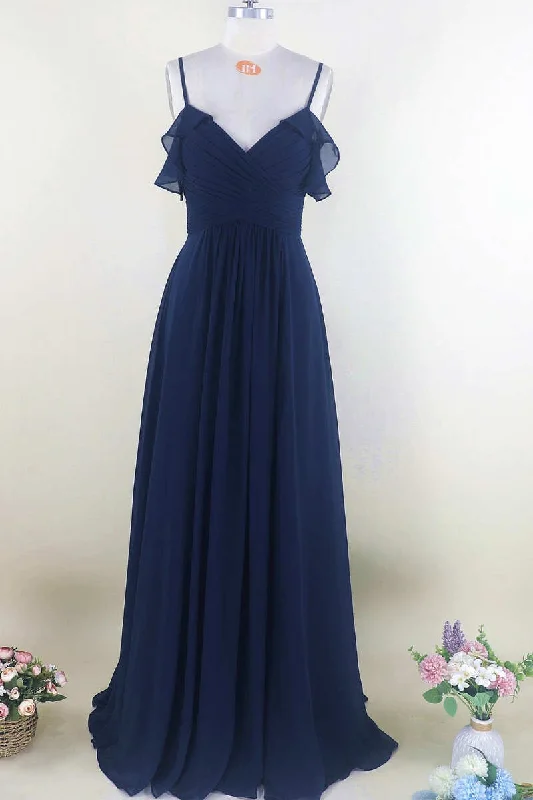 Women's Plus-Size Clothes Classic Appeal Navy Blue Chiffon Cold-Shoulder A-Line Long Bridesmaid Dress