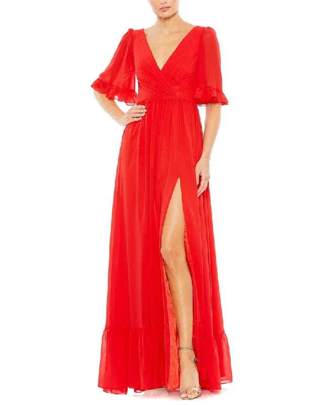 Women's Office Attire Disco - Inspired Retro Dance Look Mac Duggal Faux Wrap Ruffle Trim A Line Gown