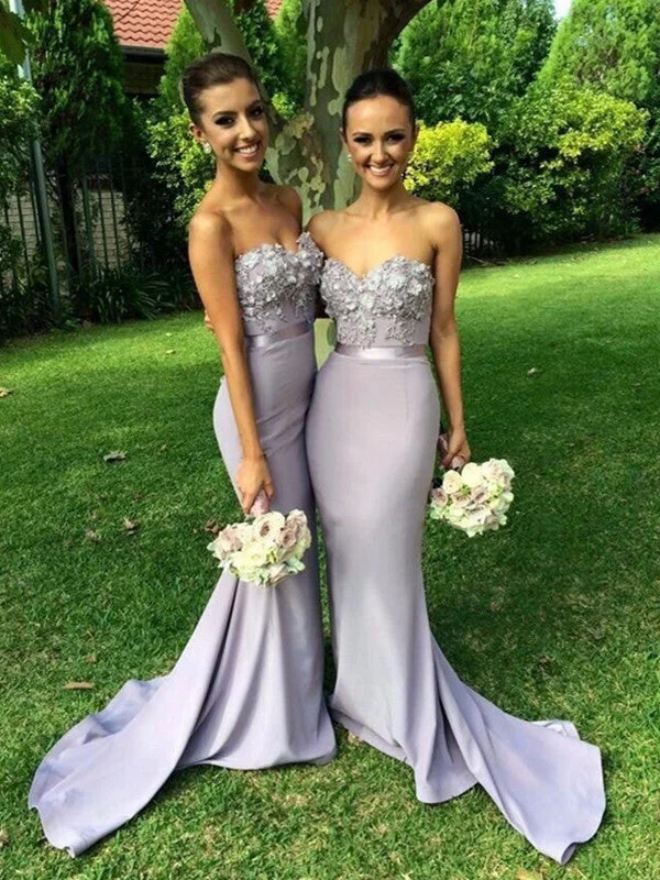 Chic Women's Outfit Luxe Layering Sweetheart Neck Mermaid Strapless Sweep Train Lace Lavender Prom Dresses With Appliques, Lavender Bridesmaid Dresses, Formal Dresses