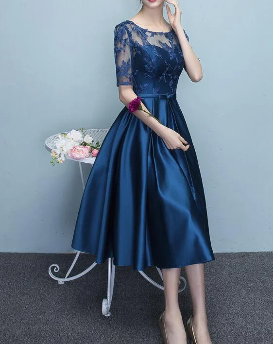 Classic Women's Apparel Ethnic Cultural Event Wear Blue Short Sleeves Tea Length Prom Dress, Blue Bridesmaid Dresses, Wedding Party Dresses Y1323