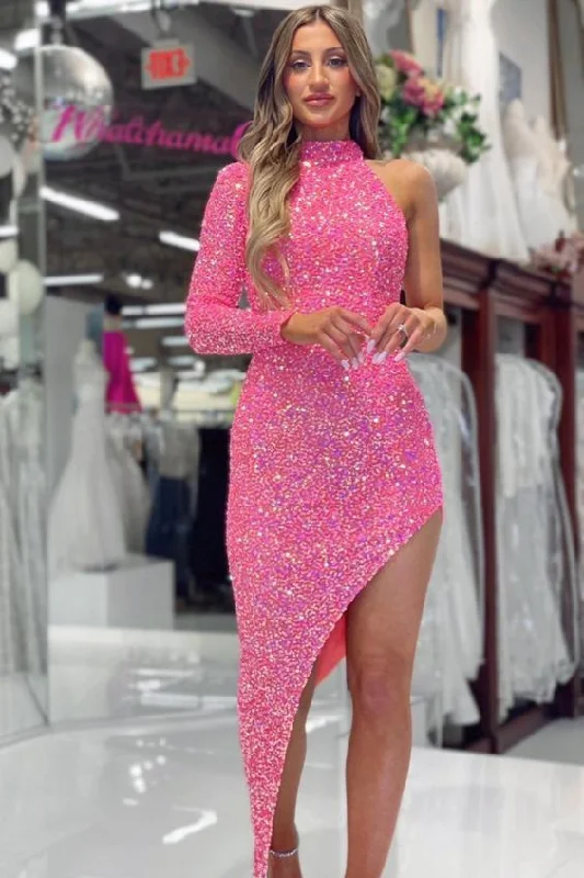 Women's Athletic Garments Limited - Time Bundle Glitter Tight Halter Long Sleeves Sequins Prom Dresses   cg17418