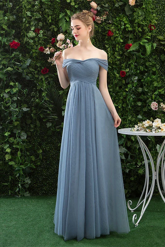 Women's Charming Outfit For Events Charming Silhouette Off The Shoulder Dusty Blue Tulle Floor Length Bridesmaid Dresses N2322