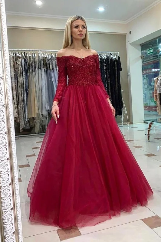 Women's Resort Garments Effortless Style Long Sleeves Appliqued Burgundy Long Prom Dress    cg10436