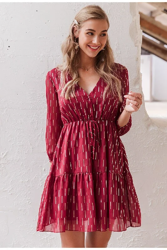 Stylish Outerwear Clothing For Women Limited - Edition Drops Women's V-neck Ruffled Striped Print High Waist Lantern Summer Spring Long Sleeve Dress