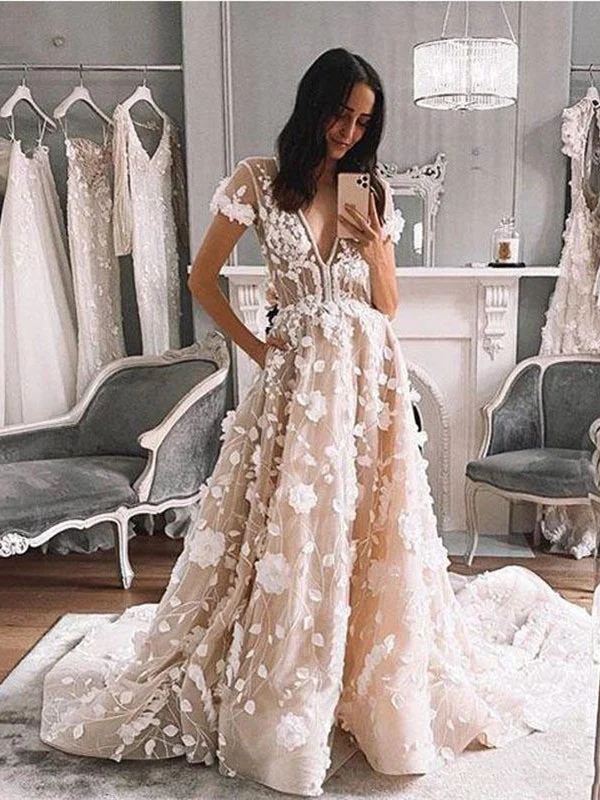 Vintage-Inspired Women's Apparel Mid - Season Sale V-neck Short Sleeves Lace Appliques Wedding Dresses, Bridal Gown, Floral Wedding Dresses