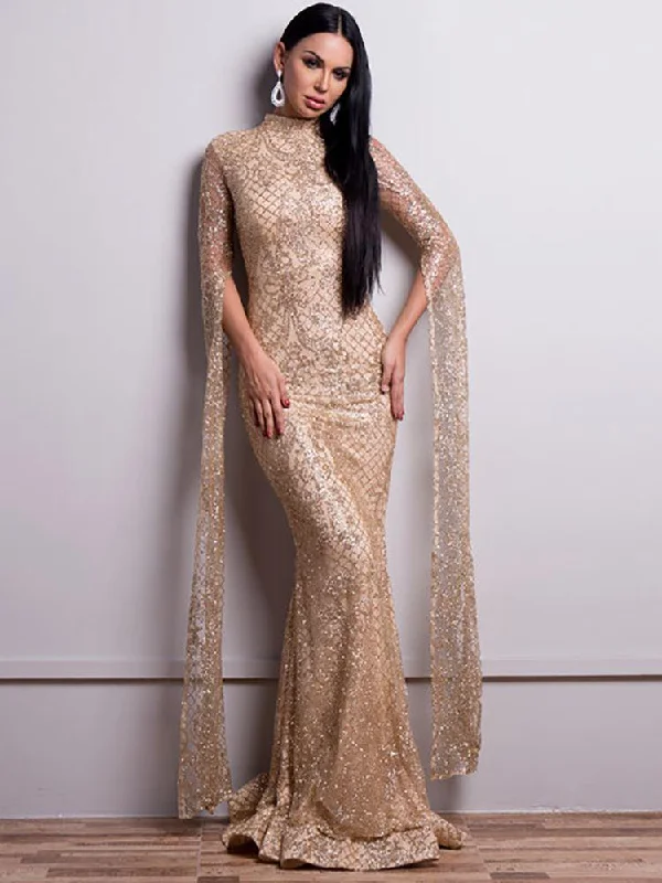 Vintage-Inspired Women's Clothes Alluring Design Glitter Lace Mesh Long Sleeve Prom Dress