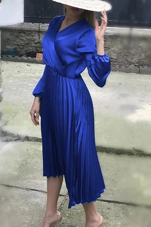 Women's Clothing For Travel Minimalist Office - Ready Style V Neck Long Sleeve Pleated Dress  prom dress   cg9774